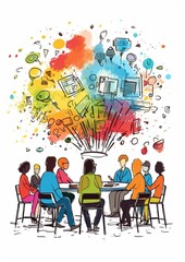 A conceptual brainstorming session. Vibrantly colors, illustration, drawing. White background.