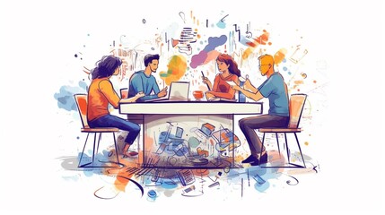 A conceptual brainstorming session. Vibrantly colors, illustration, drawing. White background.