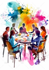 A conceptual brainstorming session. Vibrantly colors, illustration, drawing. White background.