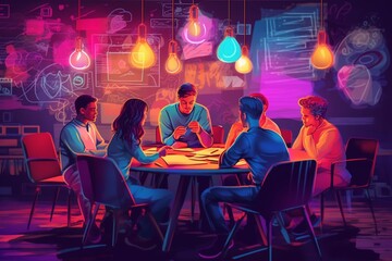 A conceptual brainstorming session. Vibrantly colors, illustration, drawing. Gradient colorful background.