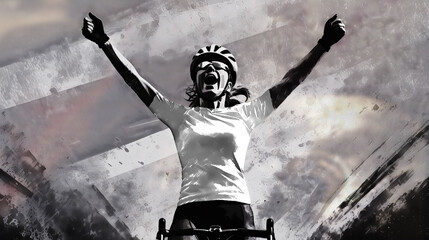 A female cyclist raising her hands in victory. She wears a white jersey, the youth leader of the Giro, Vuelta and Tour de France.
Elements of this image were created using AI generative technology.