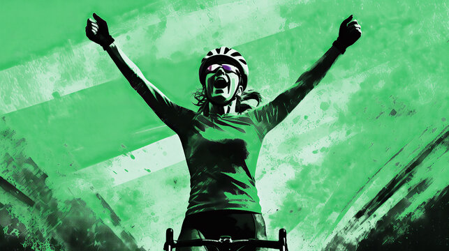 A female cyclist raising her hands in victory. She wears a green jersey, the sprint leader of the Vuelta a España & Tour de France.
Elements of this image were created using AI generative technology.