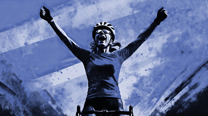 A female cyclist raising her hands in celebration. She wears a blue jersey, the climber's jersey of the Giro d'Italia.
Elements of this image were created using AI generative technology.
