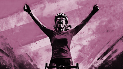 A female cyclist raising her hands in victory. She wears the ciclamino jersey, the points jersey of the Giro d'Itailia Donne. 
Elements of this image were created using AI generative technology.