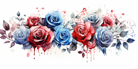 Watercolor floral background with red, blue and roses on white background.