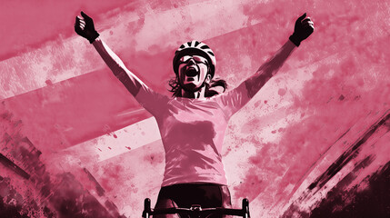A female cyclist raising her hands in victory. She wears a pink jersey, the leaders's jersey of the Giro d'Itailia Donne. 
Elements of this image were created using AI generative technology.