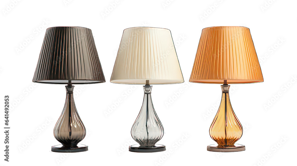 Poster three stylish table lamps isolated on white created with generative ai
