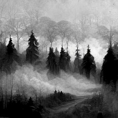 Foggy Woods: An Abstract Black and Grey Scene with a Mysterious Presence