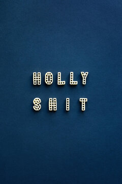 Expressive inscription ‘Holly shit’ with deliberate mistake made up of alphabet pasta on dark blue background   