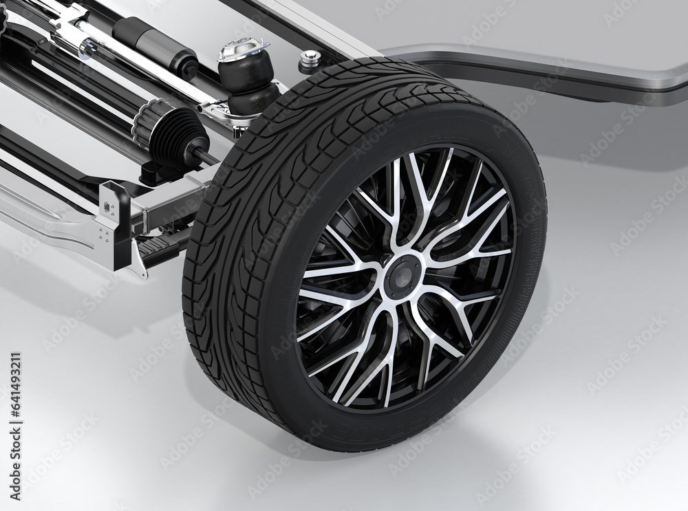 Poster isometric exploded view of in-wheel motor on gray background. generic design. 3d rendering illustrat