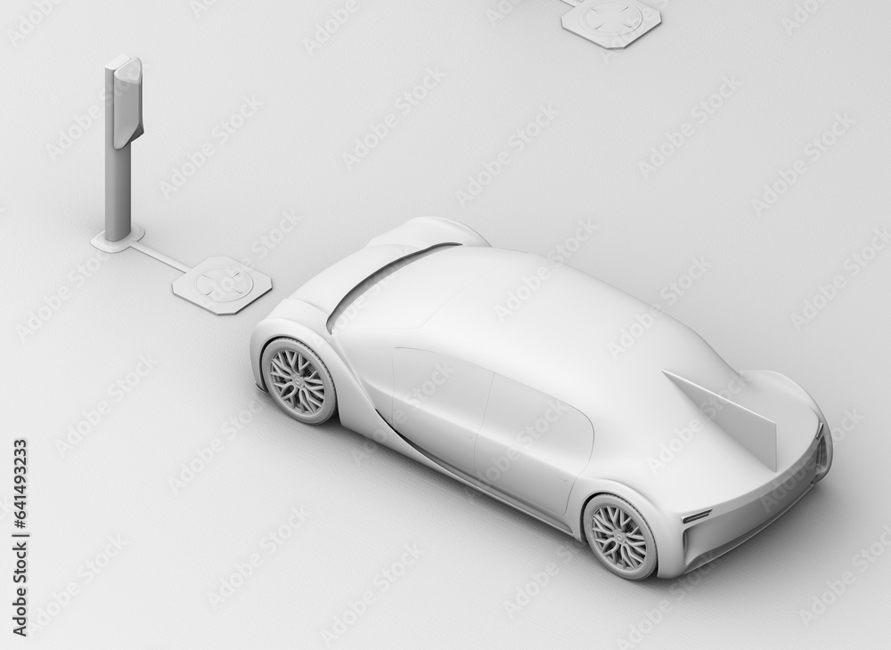 Poster isometric view of futuristic electric car driving into wireless charging parking lot. clay rendering