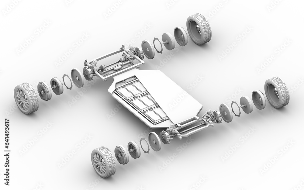 Poster isometric exploded view of in-wheel motor and electric vehicle battery pack. clay rendering style. 3