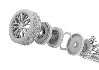 Isometric Exploded view of In-Wheel Motor. Clay rendering style. 3D rendering illustration.