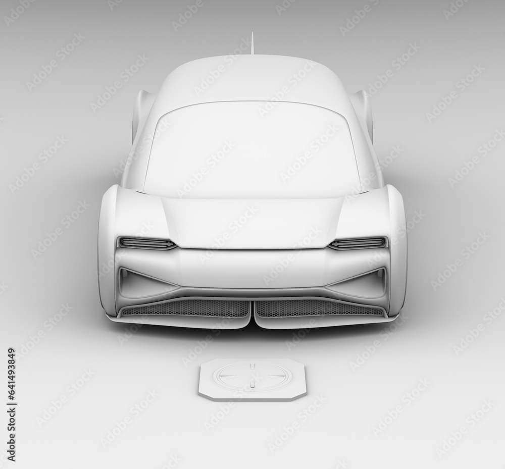 Aufkleber isometric view of futuristic electric car driving into wireless charging parking lot. clay rendering
