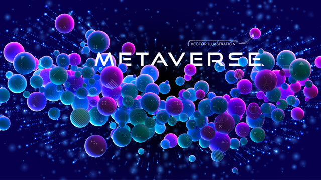 Futuristic vector background of metaverse digital cyber world technology with neon glowing spheres. Future digital technology, data science, particles, digital world, virtual reality, cyberspace