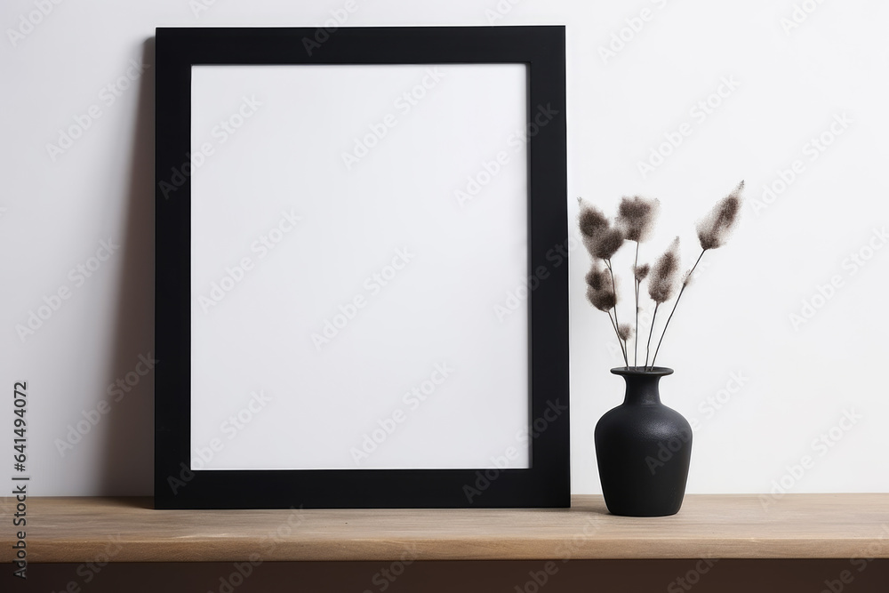 Poster picture frame sits on top of wooden table. this versatile image can be used for various themes and c