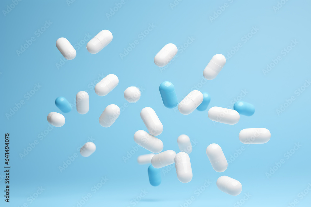 Poster captivating image capturing bunch of pills suspended in mid-air. perfect for illustrating concepts r
