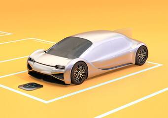 Isometric view of futuristic electric car driving into wireless charging parking lot. Generic design, 3D rendering image.