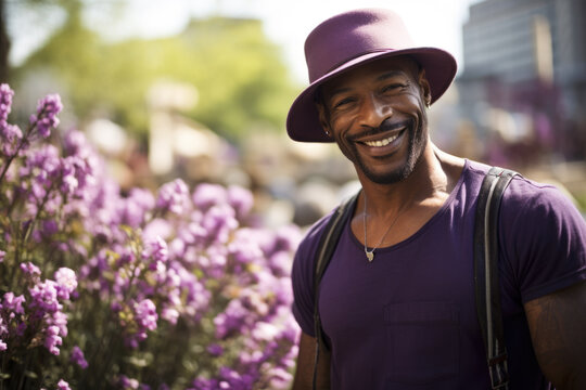 Man wearing purple hat stands in front of vibrant display of purple flowers. This image can be used to convey happiness, joy, and beauty of nature.