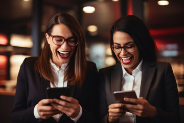 Two women are seen laughing as they look at their cell phones. This image can be used to depict friendship, technology, communication, and modern lifestyle.