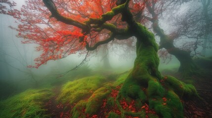 Obraz na płótnie Canvas An old Japanese maple tree in mossy woods with fog and mist. Generative AI. 