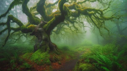 An old Japanese maple tree in mossy woods with fog and mist. Generative AI. 