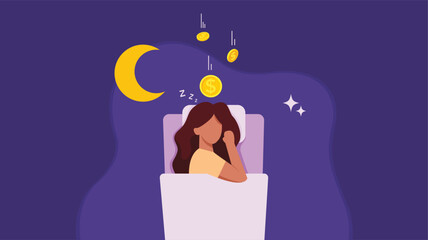 Sleeping woman earning money. Woman lying in bed in bedroom, smiling while money is raining down