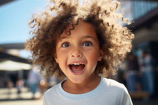 Portrait of a little American child playing in kindergarten. Closeup of a child outdoors radiating the joy of play in a moving image of innocence and exuberance.