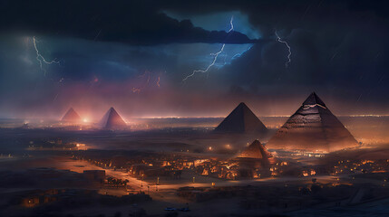 lightning over pyramid in the night - obrazy, fototapety, plakaty