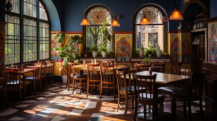 A Mexican restaurant in the sunlight with empty tables. Generative AI. 
