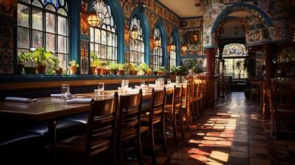 Fototapeta premium A Mexican restaurant in the sunlight with empty tables. Generative AI. 