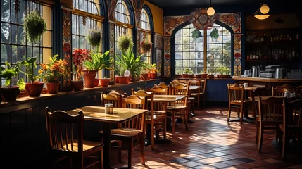 Fotobehang A Mexican restaurant in the sunlight with empty tables. Generative AI.  © Elle Arden 