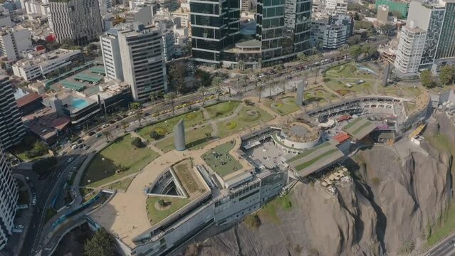 Aerial view of Miraflores district and Larcomar, Panoramic aerial view of Lima city, in Peru.
