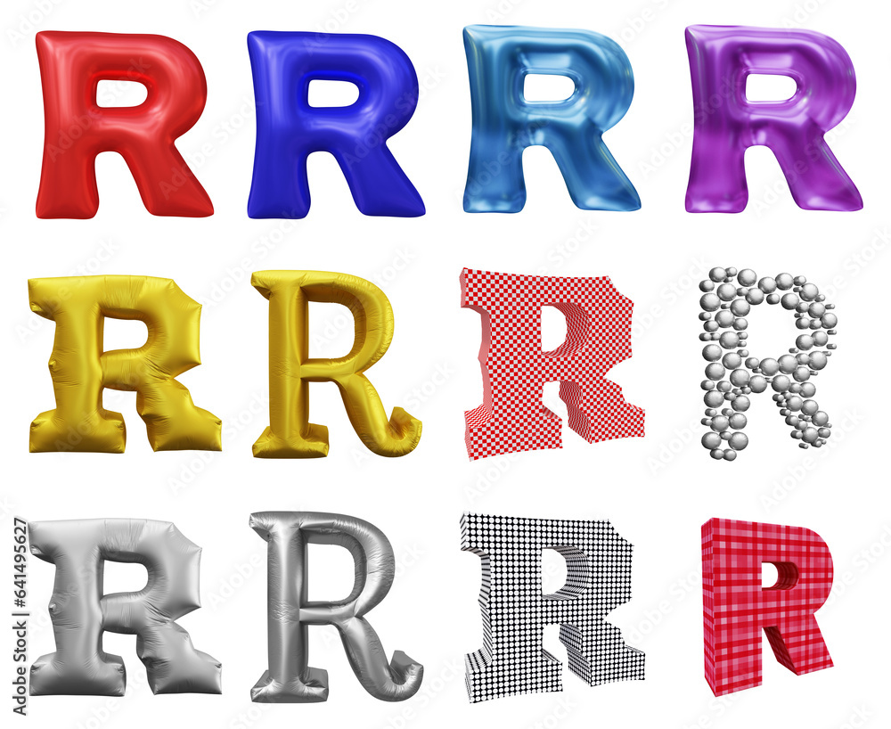 Poster set of alphabet letter r in 3d rendering isolated on transparent background for education and text c
