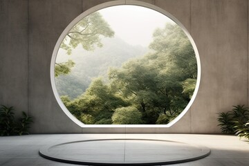 Abundant light through circular window enhances minimalist concrete interiors tranquility.