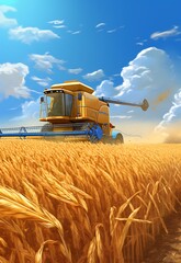 Fototapeta premium Combine harvester working on a wheat field. 3D render