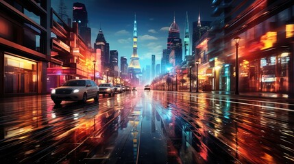 The vibrant energy of a nighttime cityscape with streaks of multi-colored light trails from passing cars.