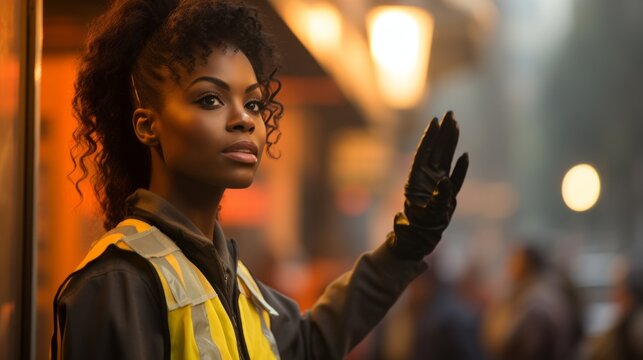A young woman with a traffic vest directing people. Generative AI. 