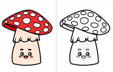 Cute cartoon mushroom coloring page for kids. - obrazy, fototapety, plakaty