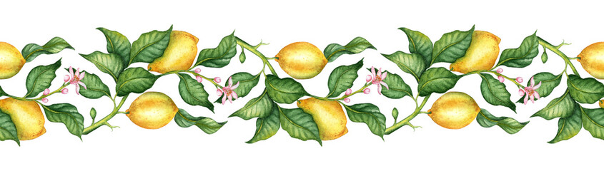 Watercolor illustration horizontal pattern of yellow lemons with green leaves and flowers. Compositions for weddings, posters, postcards, banners, flyers, covers, posters and other printing products.