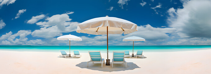 Panoramic View of Chairs on a Beach Under Umbrella