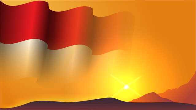 indonesia waving flag background design with sunset view on the hills vector illustration