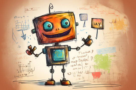 Cute cartoon happy robot. Drawing with colored pencils.