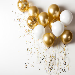 Holiday background with metallic balloons in shades of gold and white, confetti, and ribbons. Holiday card for a birthday, anniversary, Christmas, or other occasion. used generative AI to create