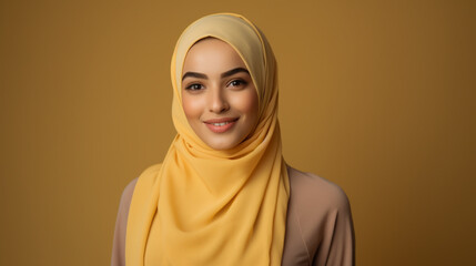 A muslim woman wearing a headscarf smiling and looking at the camera against a yellow background