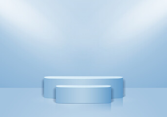 Minimal scene 3D realistic background. Blue podium with light effect
