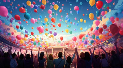 Crowd of people with colorful balloons in the sky cartoon illustration.
