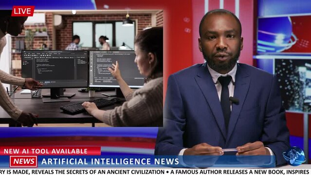 Man broadcaster talks about artificial intelligence news helping corporate businesses and programming industry. African american journalist presenting modern technology reportage.