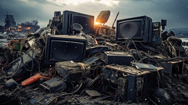 electronic waste dumped in a landfill, depicting the issue of e-waste management generative ai