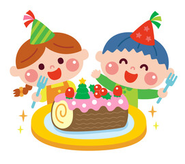 クリスマスケーキを食べる子どもたちのイラスト